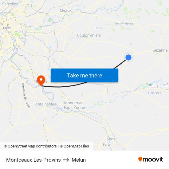 Montceaux-Les-Provins to Melun map
