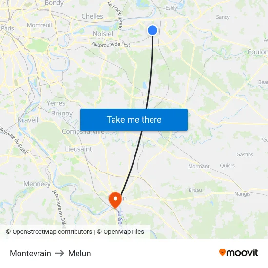 Montevrain to Melun map