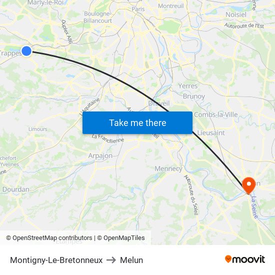 Montigny-Le-Bretonneux to Melun map