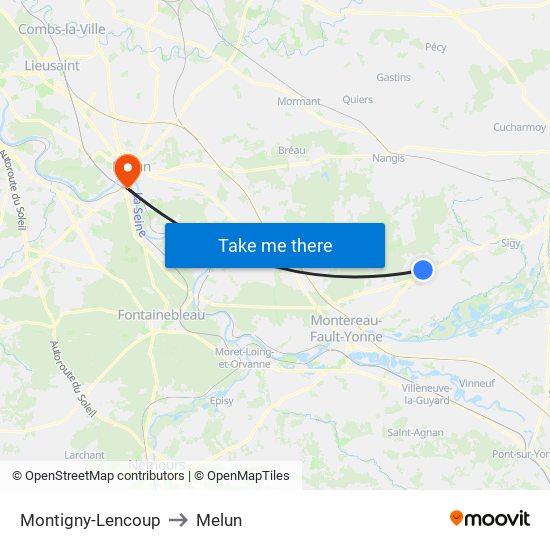 Montigny-Lencoup to Melun map