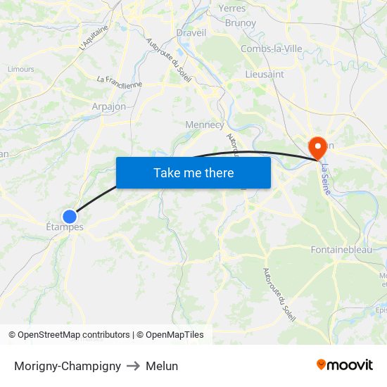 Morigny-Champigny to Melun map