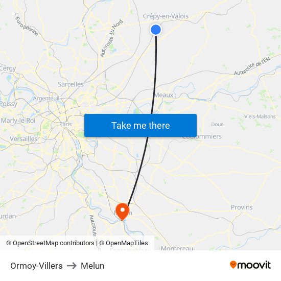 Ormoy-Villers to Melun map