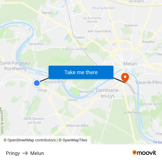 Pringy to Melun map