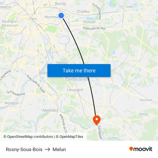 Rosny-Sous-Bois to Melun map