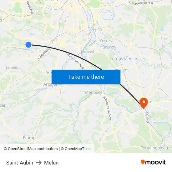 Saint-Aubin to Melun map