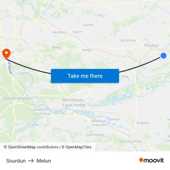 Sourdun to Melun map