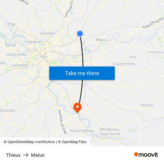Thieux to Melun map