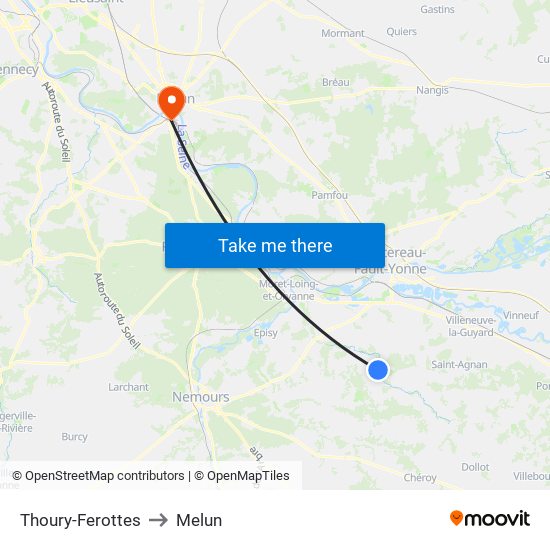 Thoury-Ferottes to Melun map