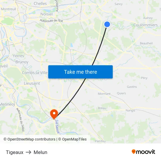Tigeaux to Melun map