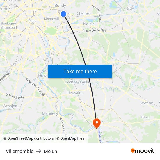 Villemomble to Melun map