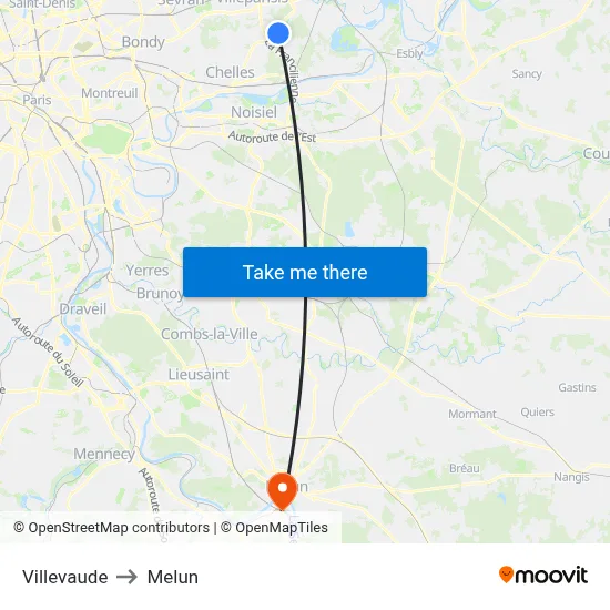 Villevaude to Melun map