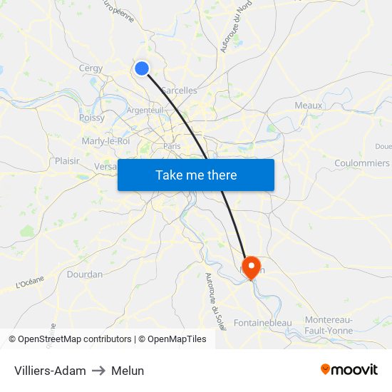 Villiers-Adam to Melun map
