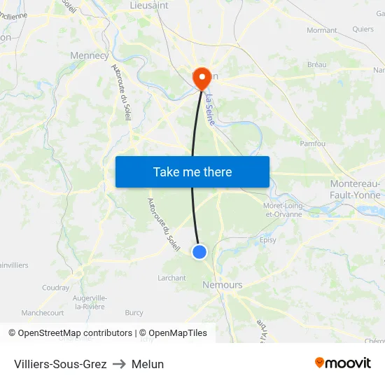 Villiers-Sous-Grez to Melun map