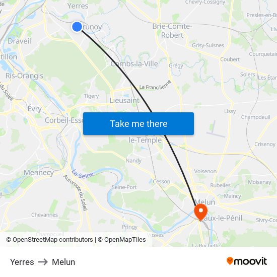 Yerres to Melun map