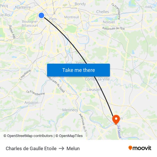 Charles de Gaulle Etoile to Melun map