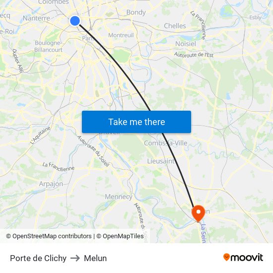 Porte de Clichy to Melun map