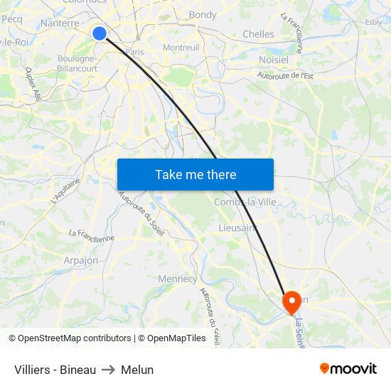 Villiers - Bineau to Melun map