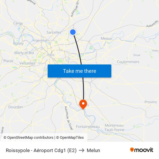 Roissypole - Aéroport Cdg1 (E2) to Melun map