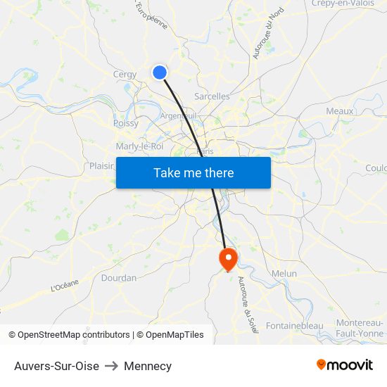 Auvers-Sur-Oise to Mennecy map
