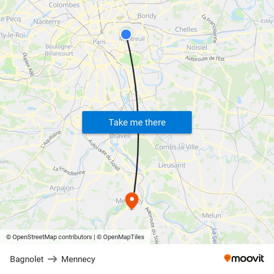 Bagnolet to Mennecy map