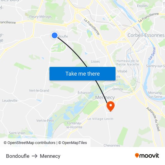 Bondoufle to Mennecy map
