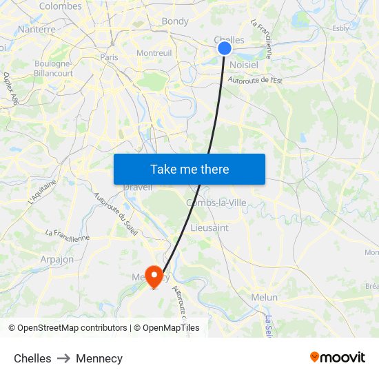 Chelles to Mennecy map