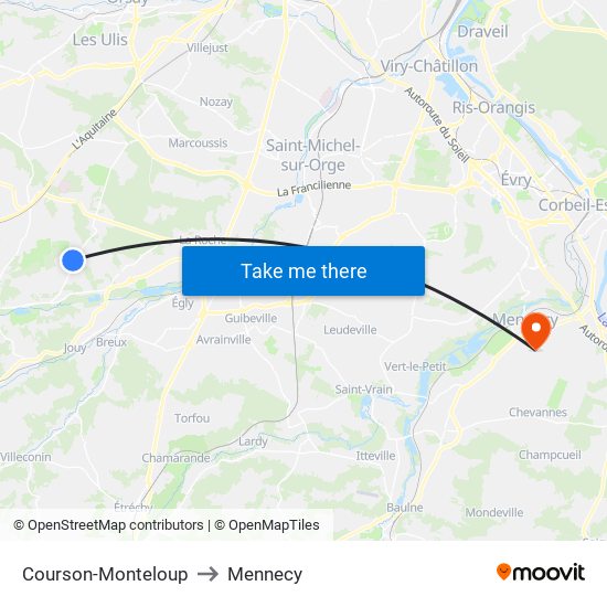 Courson-Monteloup to Mennecy map