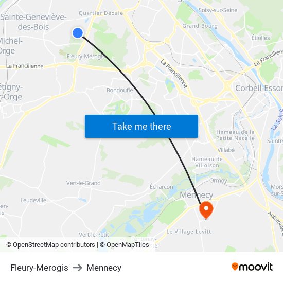 Fleury-Merogis to Mennecy map