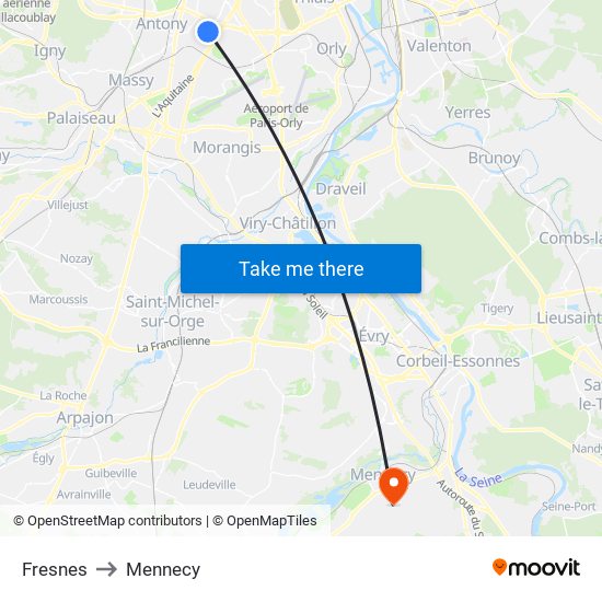 Fresnes to Mennecy map