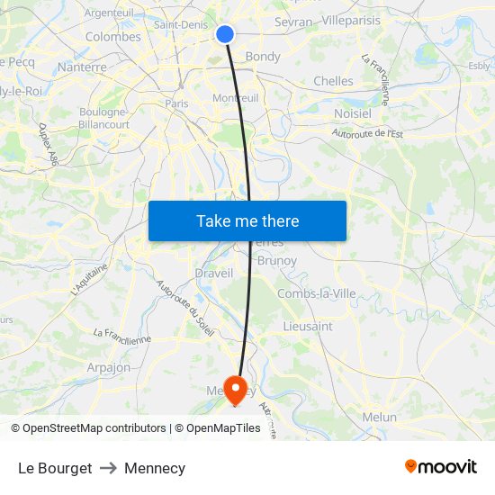 Le Bourget to Mennecy map