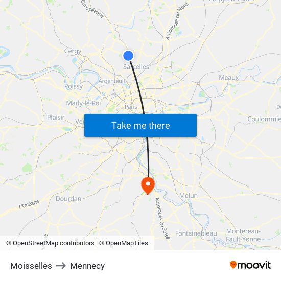 Moisselles to Mennecy map