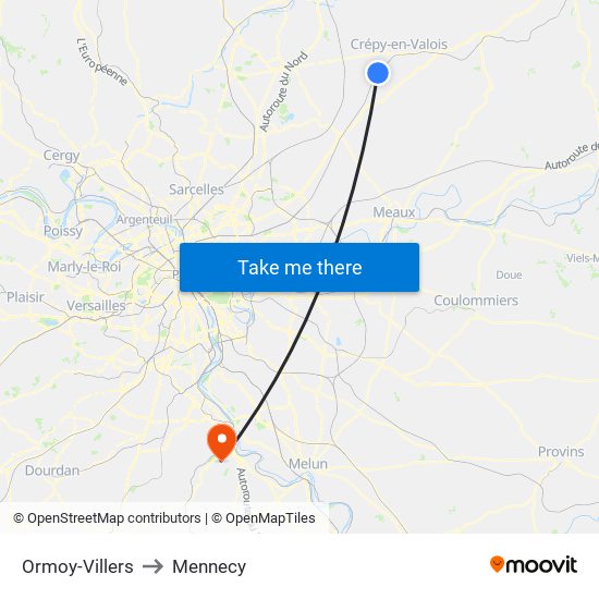 Ormoy-Villers to Mennecy map