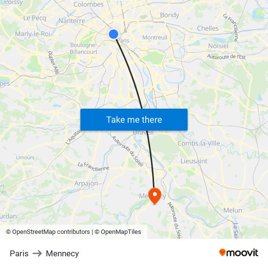 Paris to Mennecy map