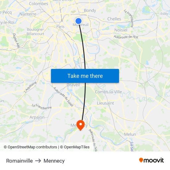 Romainville to Mennecy map