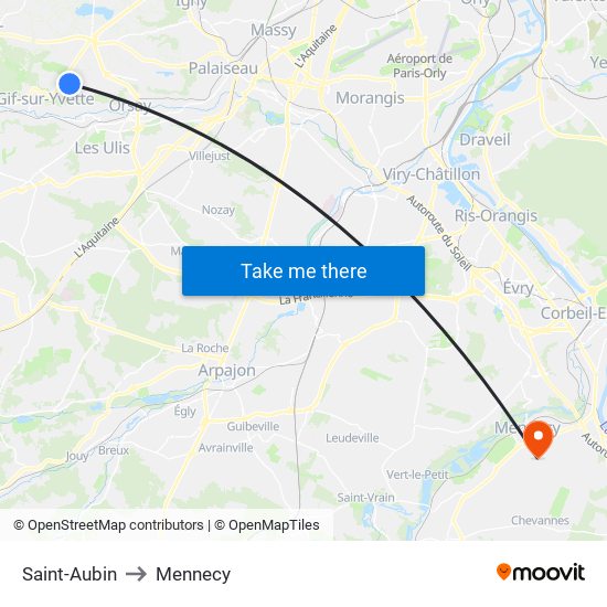 Saint-Aubin to Mennecy map