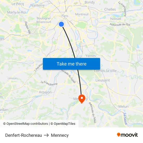 Denfert-Rochereau to Mennecy map