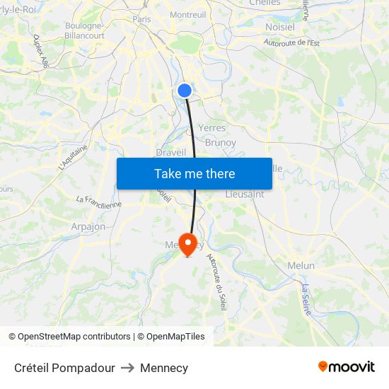 Créteil Pompadour to Mennecy map