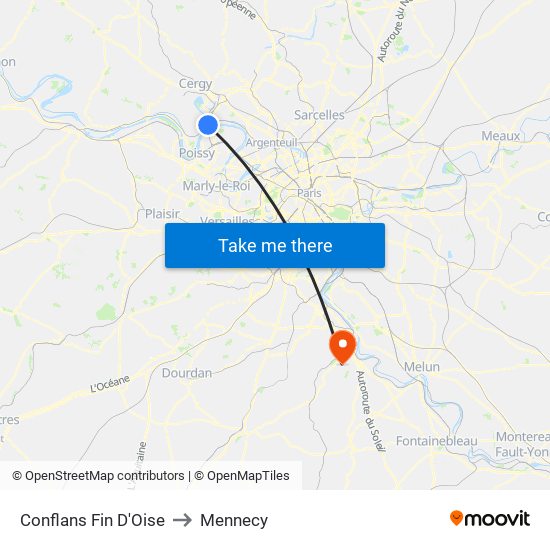 Conflans Fin D'Oise to Mennecy map