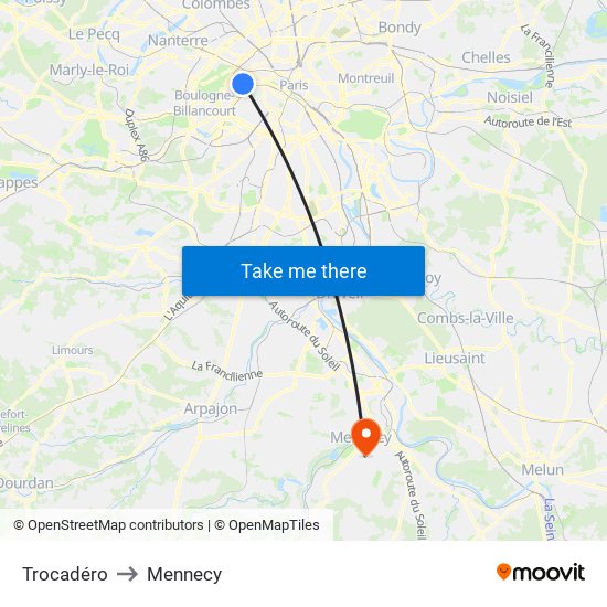 Trocadéro to Mennecy map