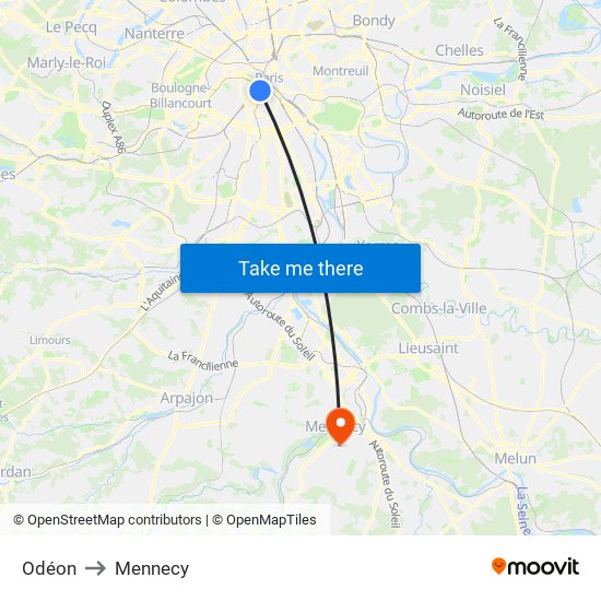 Odéon to Mennecy map