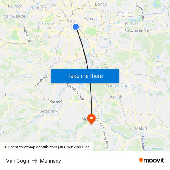 Van Gogh to Mennecy map