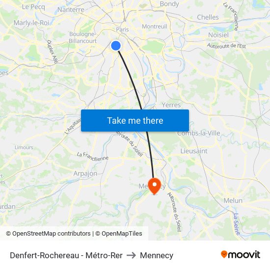 Denfert-Rochereau - Métro-Rer to Mennecy map