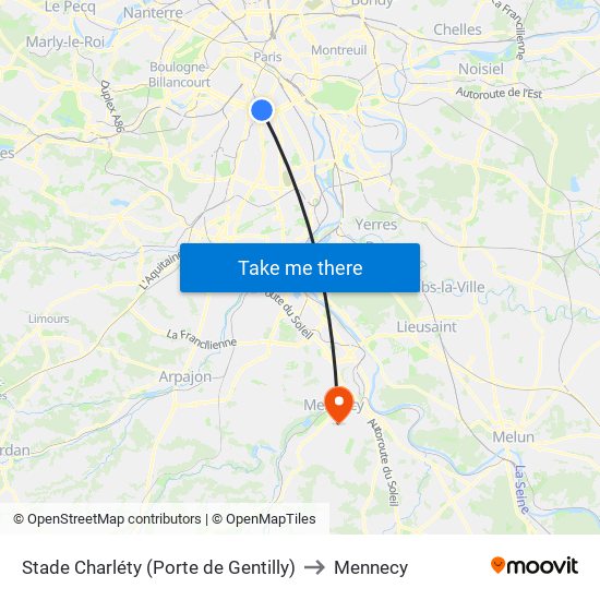 Stade Charléty (Porte de Gentilly) to Mennecy map