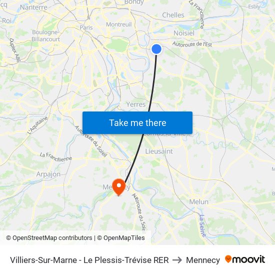 Villiers-Sur-Marne - Le Plessis-Trévise RER to Mennecy map