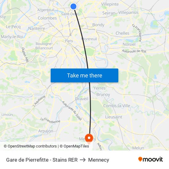 Gare de Pierrefitte - Stains RER to Mennecy map