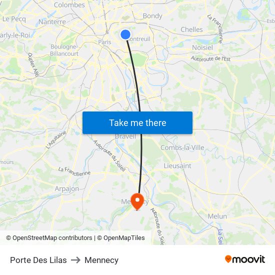 Porte Des Lilas to Mennecy map