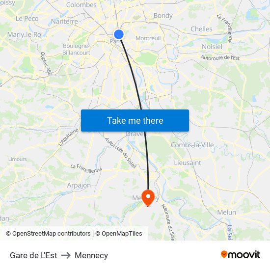 Gare de L'Est to Mennecy map
