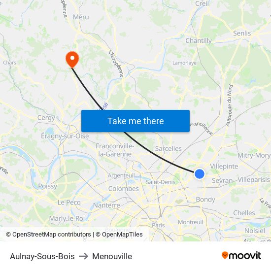 Aulnay-Sous-Bois to Menouville map