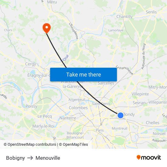 Bobigny to Menouville map