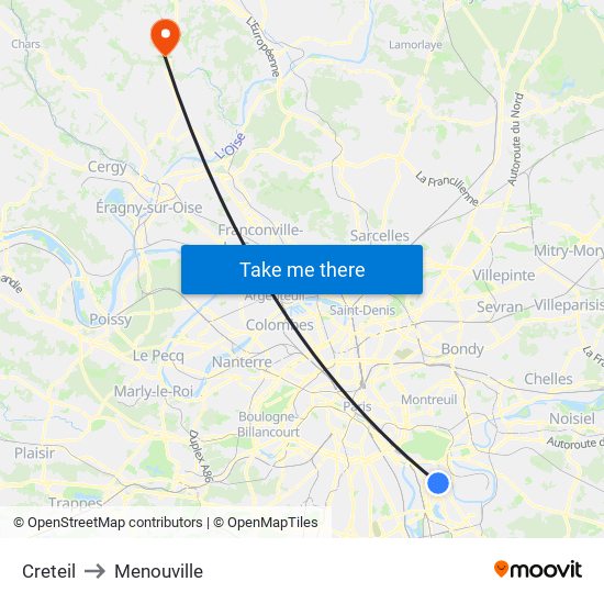 Creteil to Menouville map